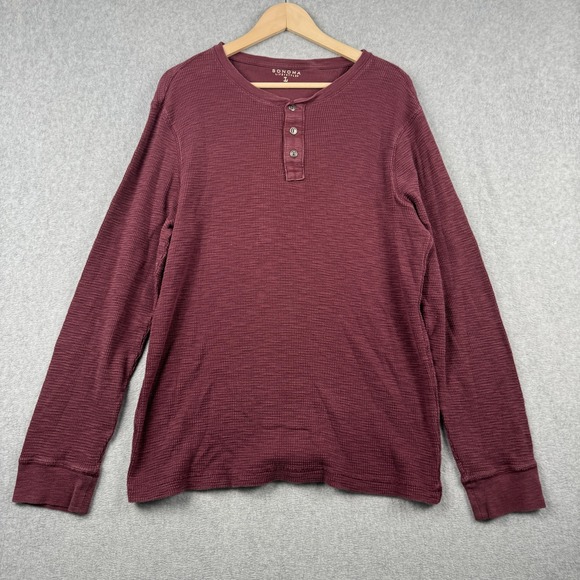 Sonoma Other - Sonoma Shirt Mens Large Burgundy Red Henley Waffle Knit Long Sleeve Thermal